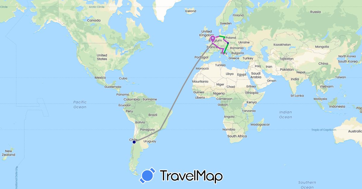 TravelMap itinerary: driving, bus, plane, train, boat in Austria, Brazil, Chile, Czech Republic, Germany, France, United Kingdom, Italy, Netherlands (Europe, South America)
